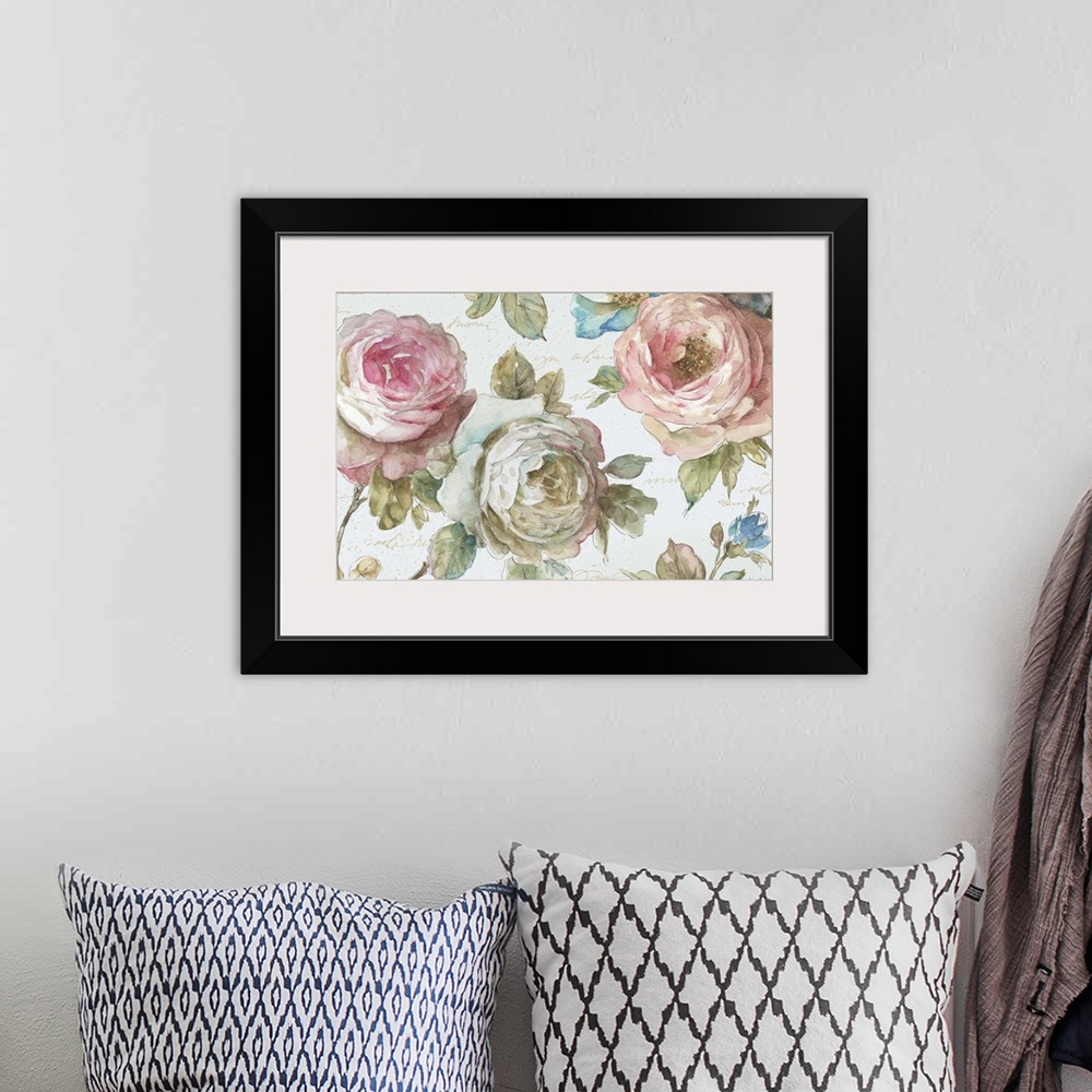 A bohemian room featuring Watercolor artwork of big beautiful peonies against a beige background.