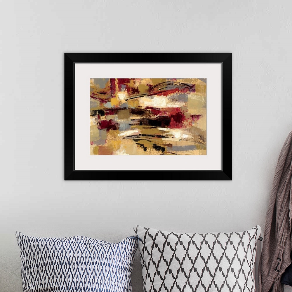 A bohemian room featuring Contemporary abstract painting using earthy colors.