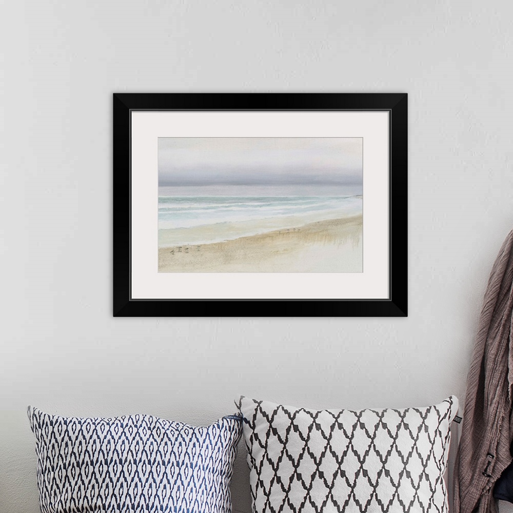 A bohemian room featuring Coastal landscape painting of shorebirds on the sand in front of the ocean.