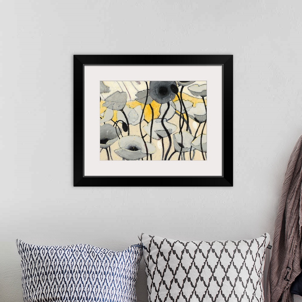 A bohemian room featuring A contemporary painting of gray poppies against a background of multi-yellow tones.