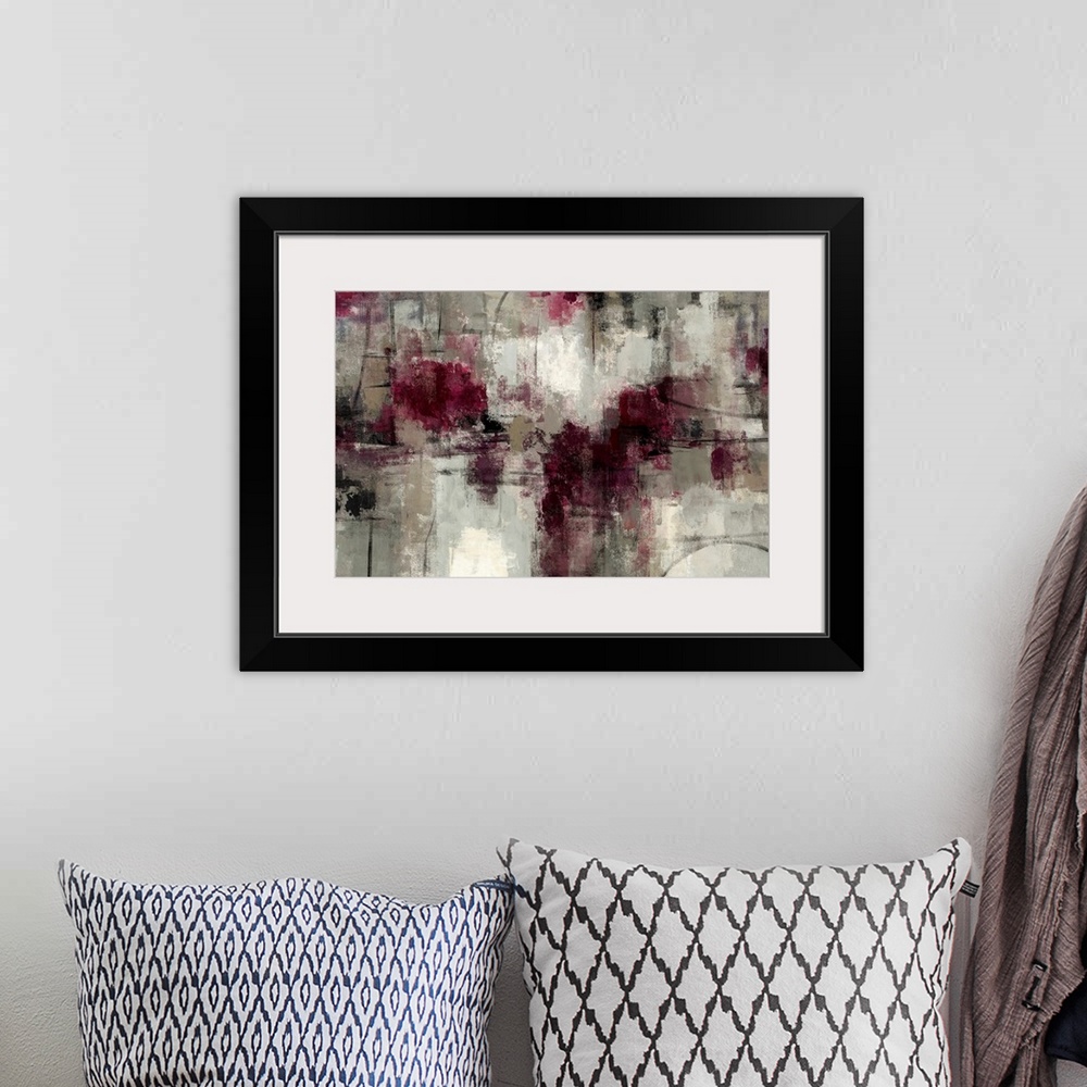 A bohemian room featuring Abstract painting with dry brush strokes and patches of maroons on a neutral textured background.