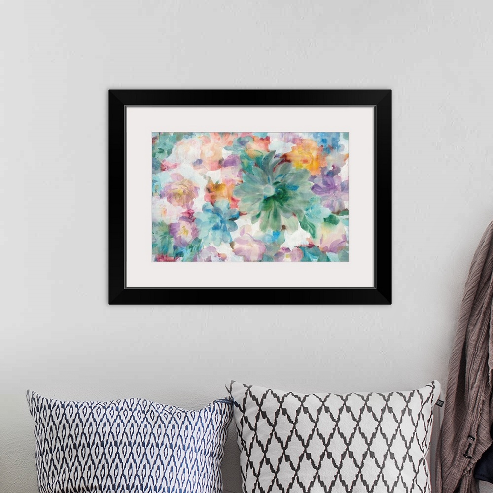 A bohemian room featuring Abstract painting of a mixture of flowers and succulents  on a white background.