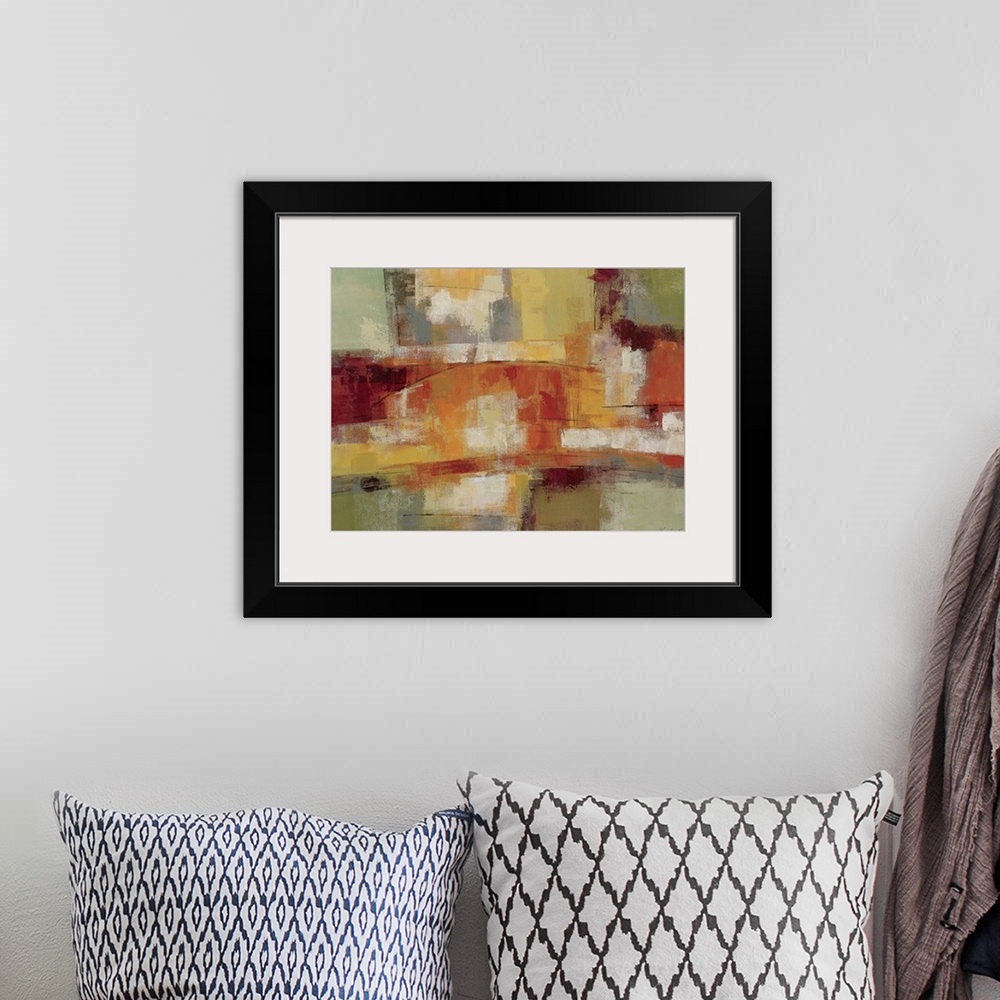 A bohemian room featuring Contemporary abstract art using warm earthy tones.