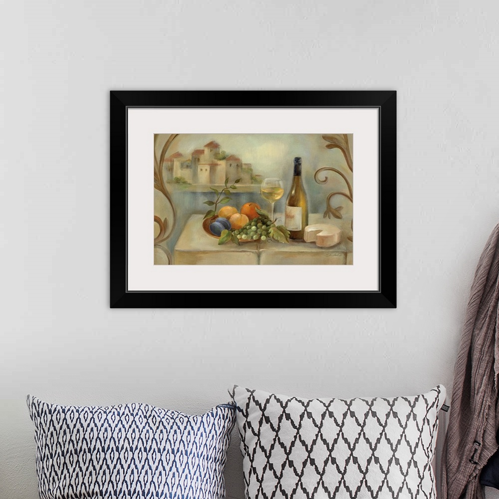 A bohemian room featuring Painting of fruit bundle, bottle of wine, wine glass, and wedge of cheese on a table with river a...