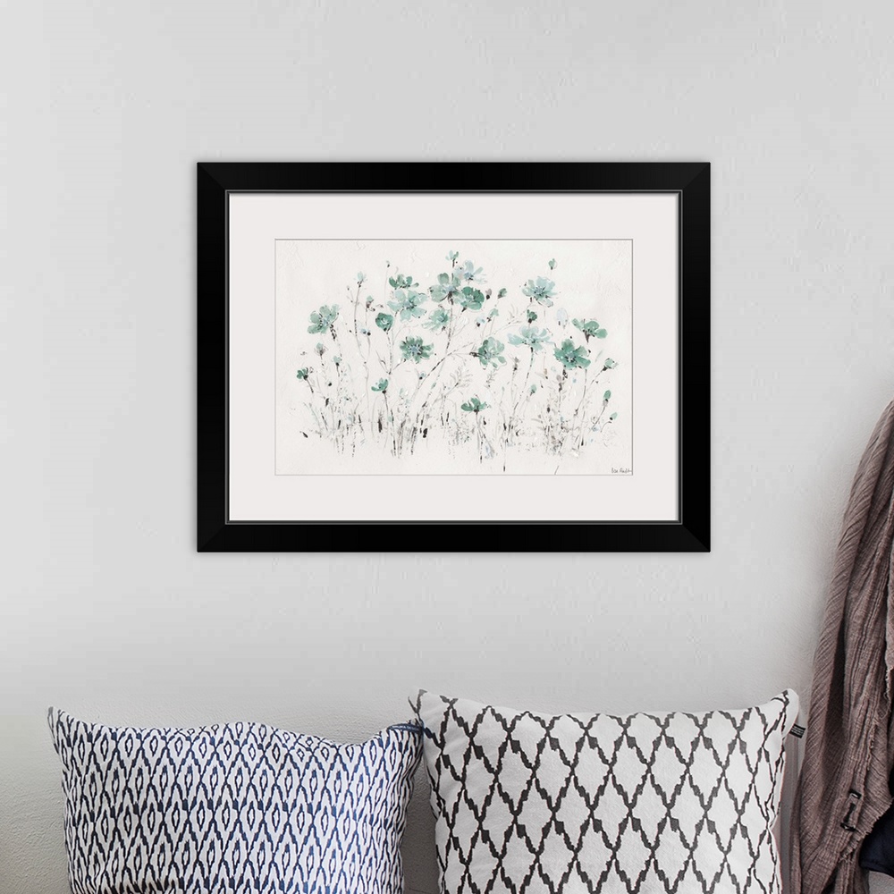 A bohemian room featuring Contemporary artwork with delicate turquoise flowers with short black strokes over white textured...