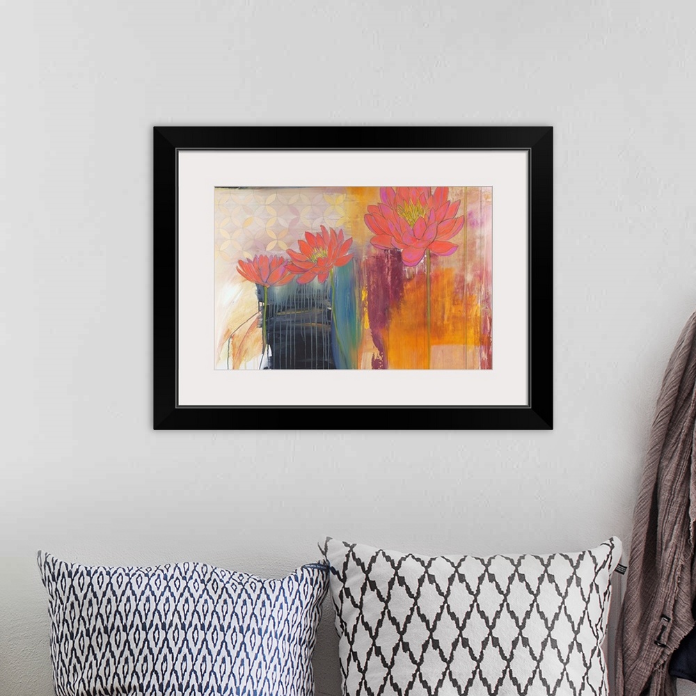 A bohemian room featuring Contemporary still-life abstract painting of flowers.