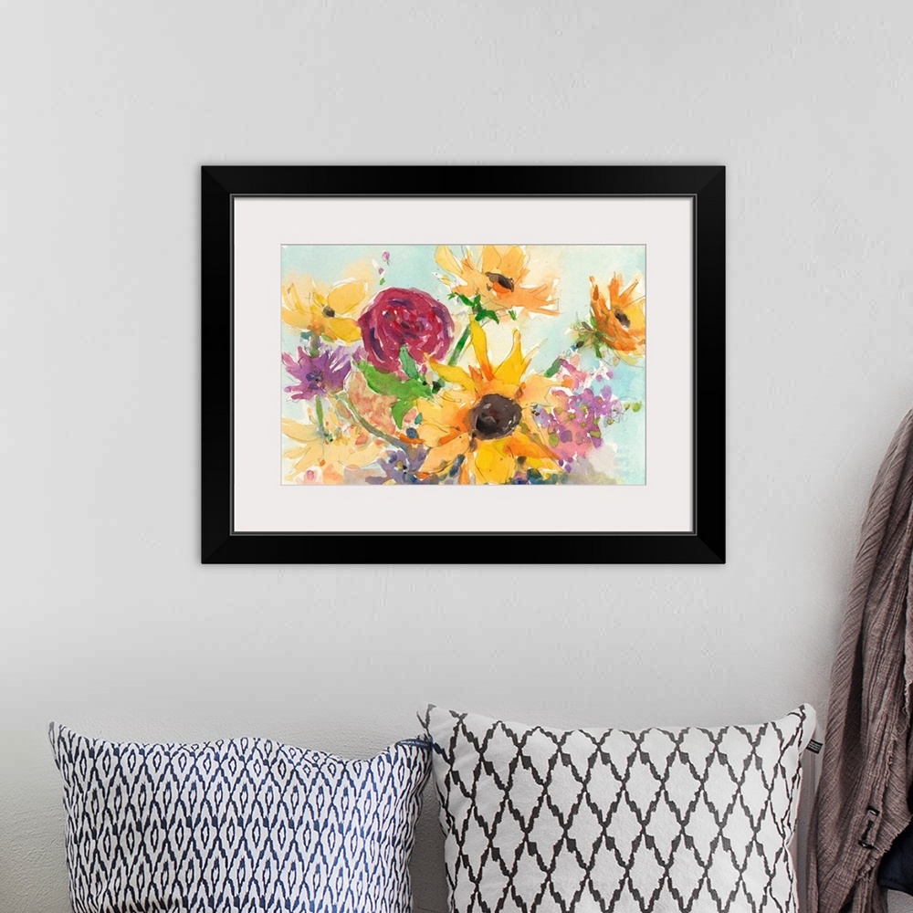 A bohemian room featuring Horizontal painting of a bouquet of summer wild flowers.