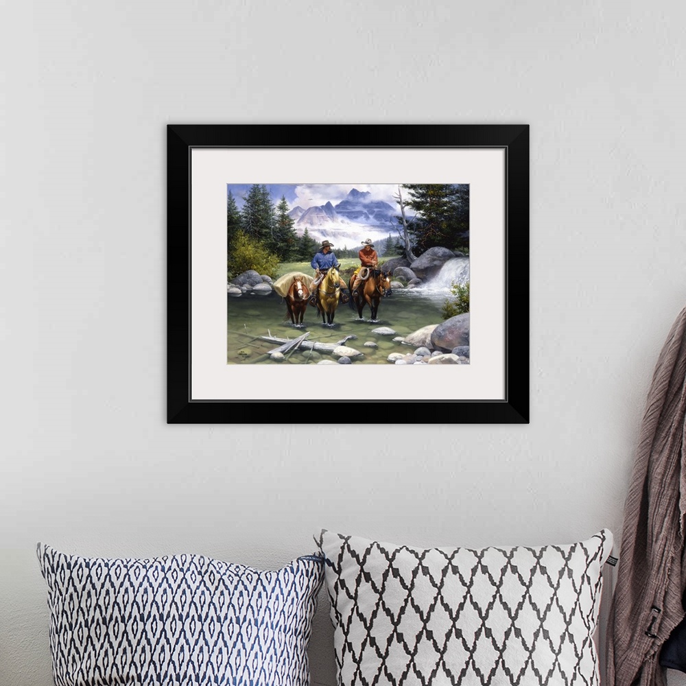 A bohemian room featuring Contemporary Western artwork of two cowboys and their horses crossing a mountain stream,