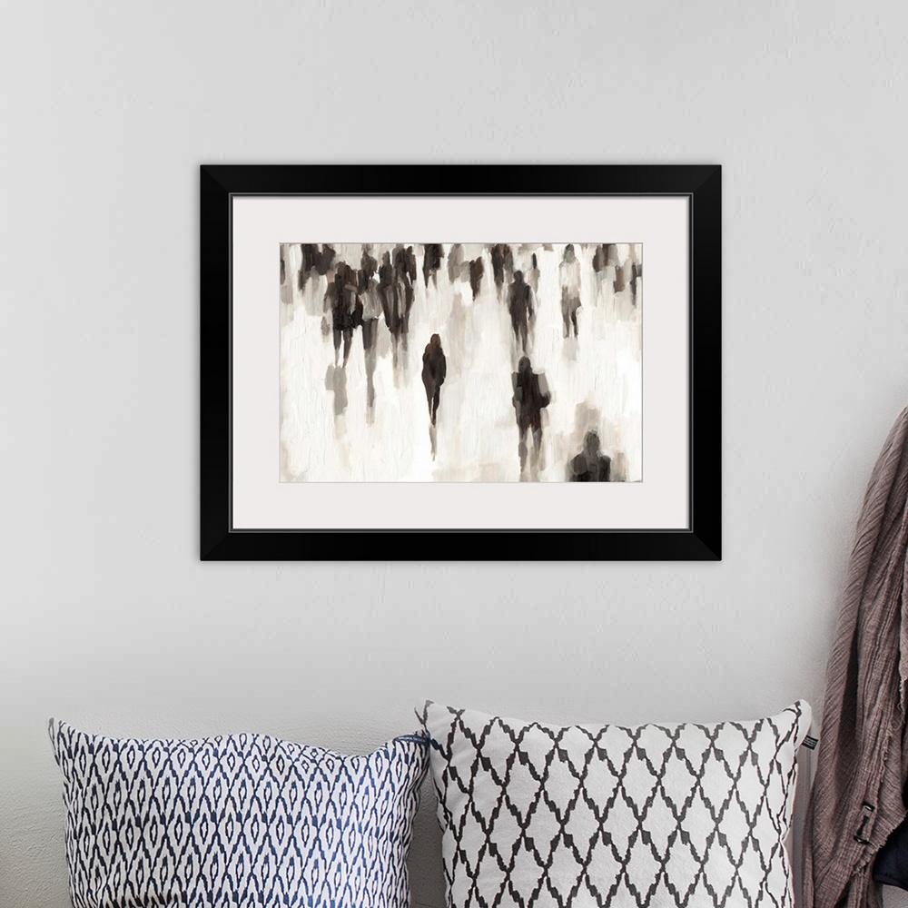 A bohemian room featuring Abstracted figurative painting of a crowd of people commuting to and from work.
