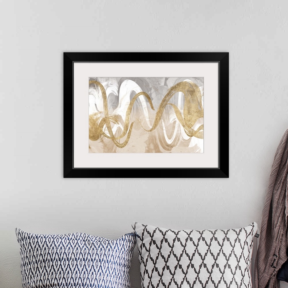 A bohemian room featuring Abstract contemporary painting of interweaving gold and white wavy lines.