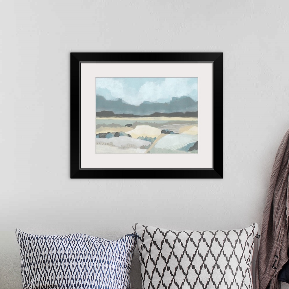 A bohemian room featuring Abstract landscape painting of a valley with mountains in the distance in pastel hues.