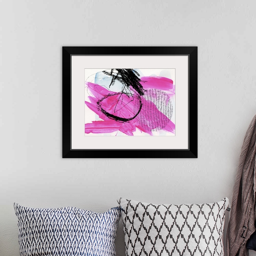A bohemian room featuring Abstract artwork featuring energetic pink and light blue brush strokes under black gestural chalk...