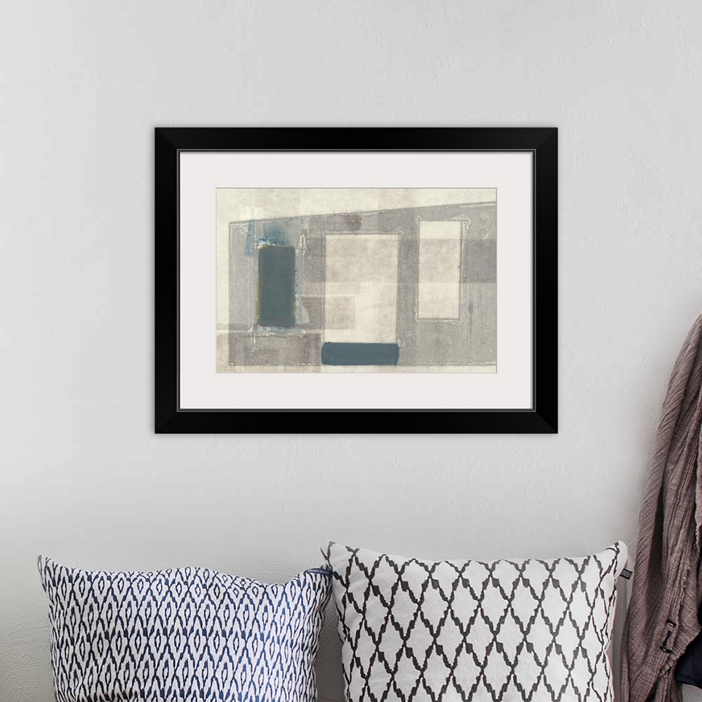 A bohemian room featuring This contemporary artwork features overlapping angular shapes with distressed textures.
