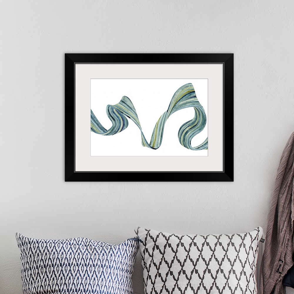 A bohemian room featuring Abstract ribbon artwork created with shades of green and blue on a white background.