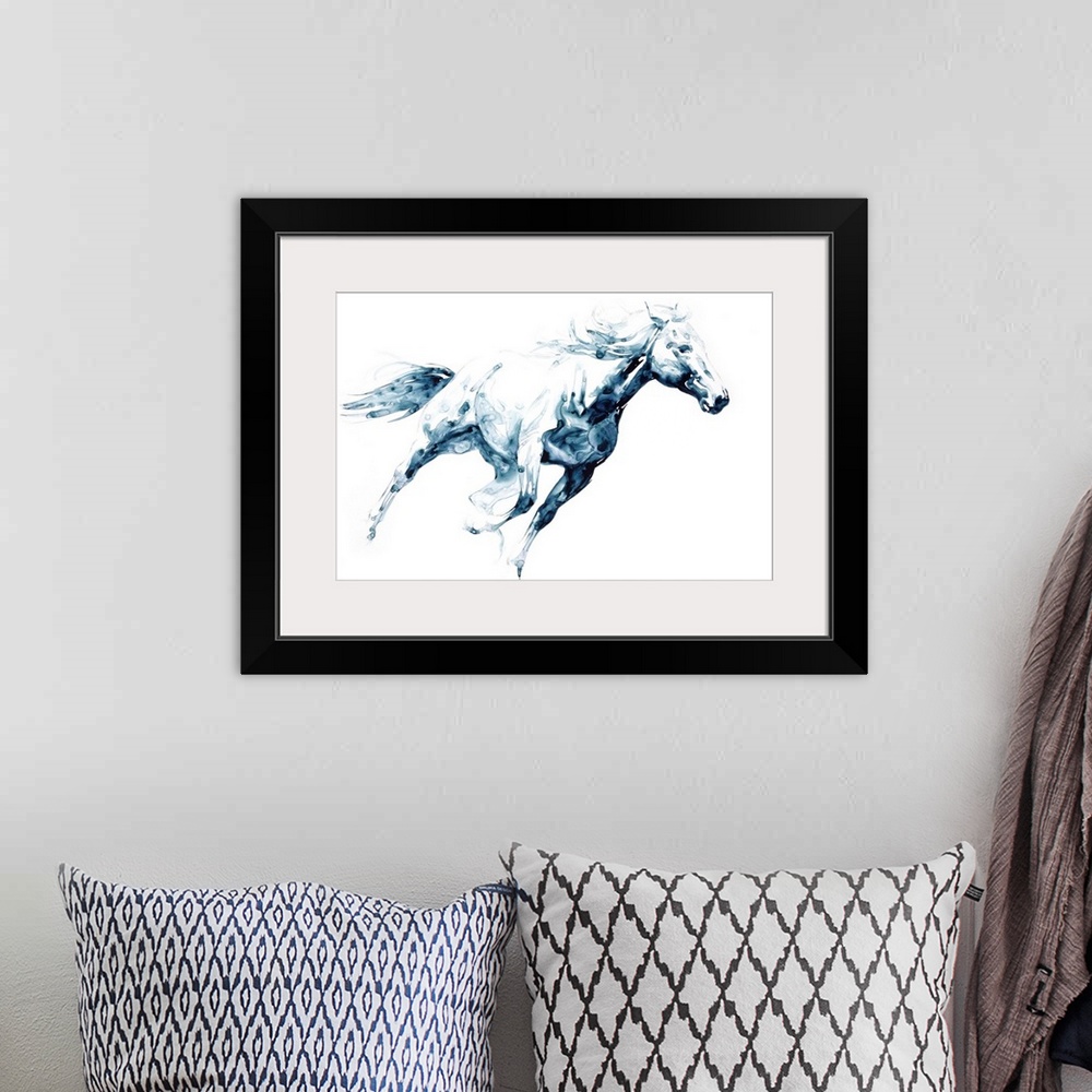 A bohemian room featuring Watercolor painting of a horse in action created with indigo hues on a white background.