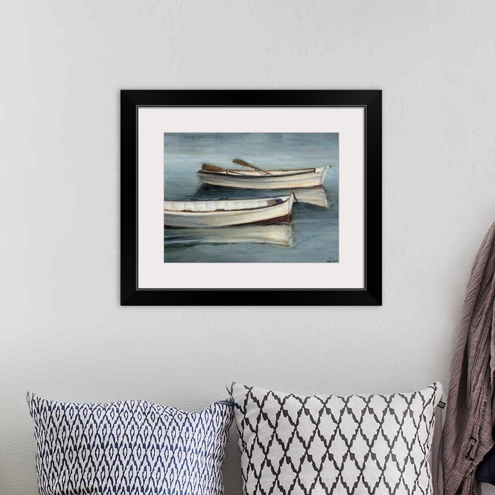 A bohemian room featuring This serene scene of two rowboats with moored in still water is painted in a transitional style. ...