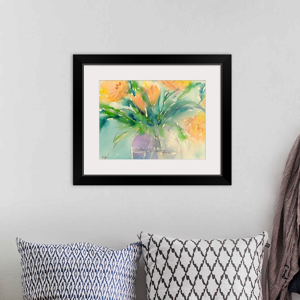 A bohemian room featuring Watercolor painting of bright yellow flowers in a vase.