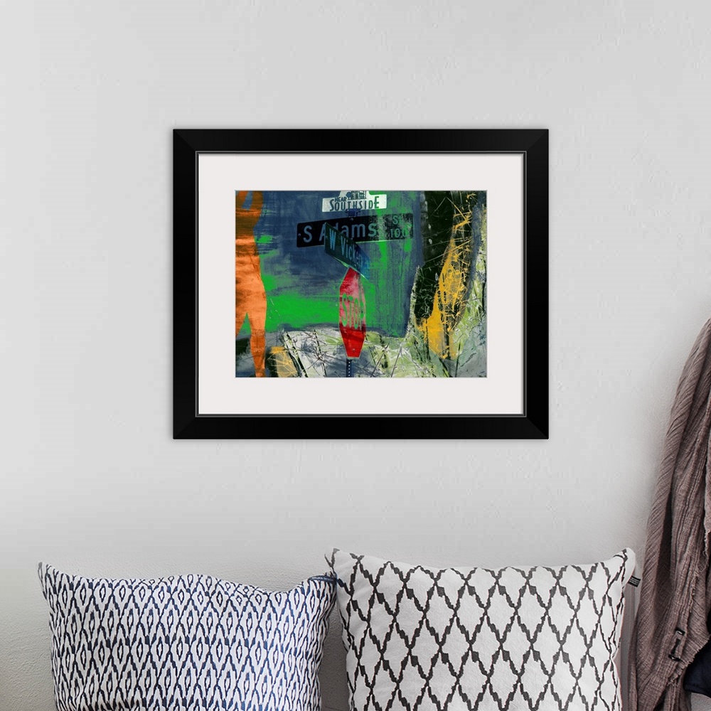 A bohemian room featuring Contemporary collage style artwork using vibrant colors.