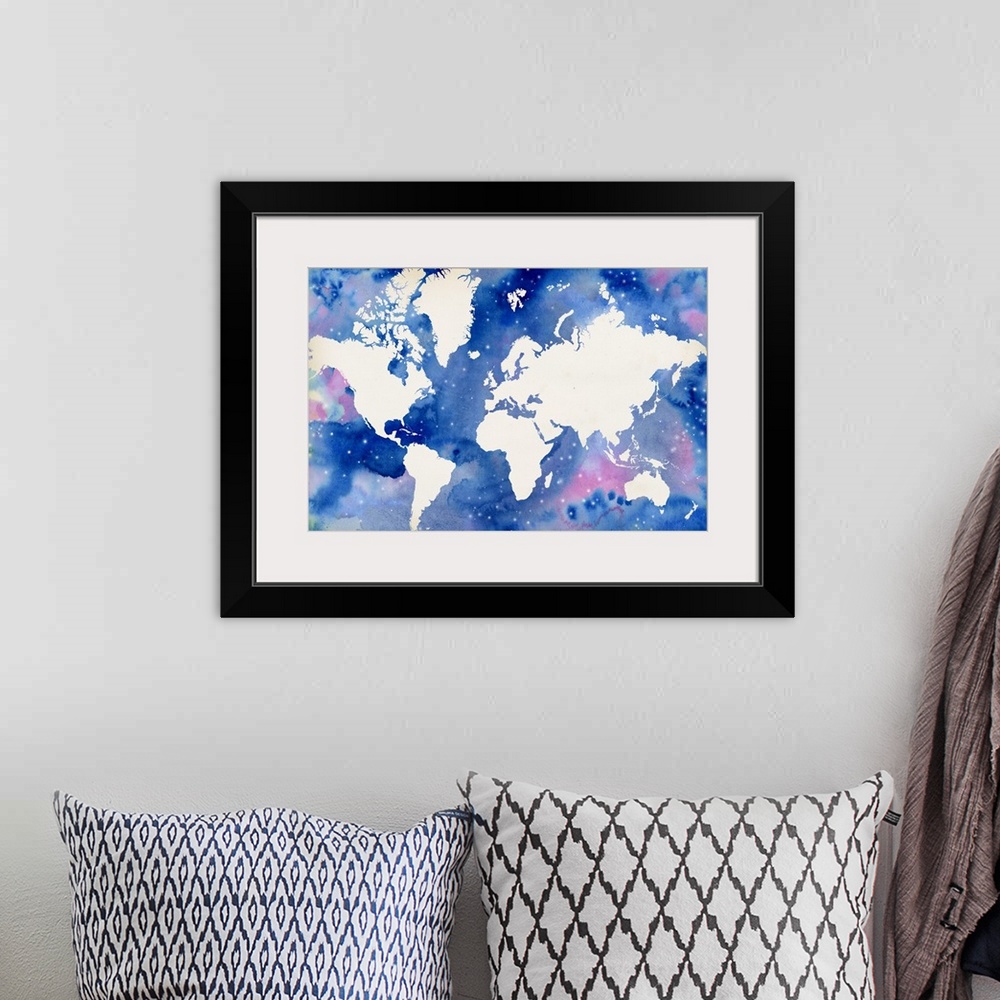 A bohemian room featuring The sea in this world map resembles a starry night sky and is filled with watercolor droplets in ...