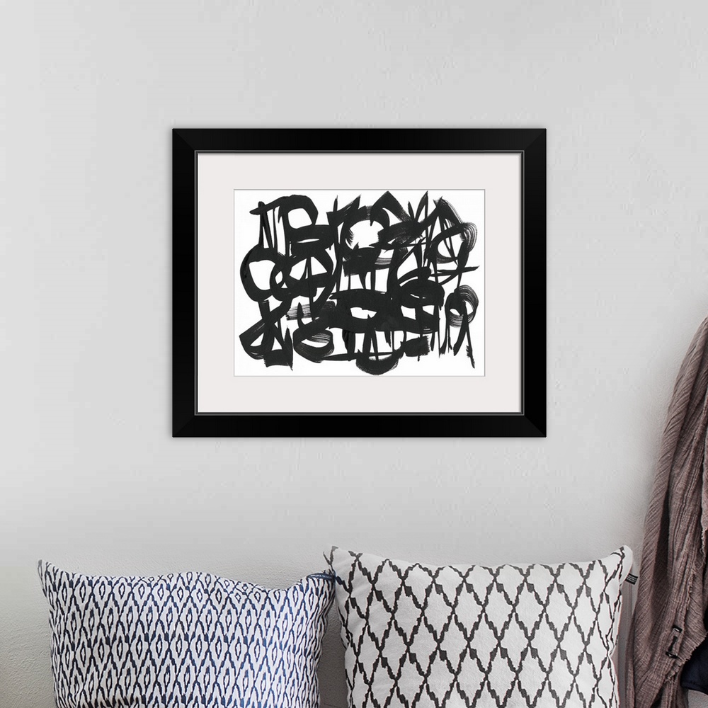 A bohemian room featuring This abstract artwork consists of thick black brush strokes in curved lines and circles over a wh...