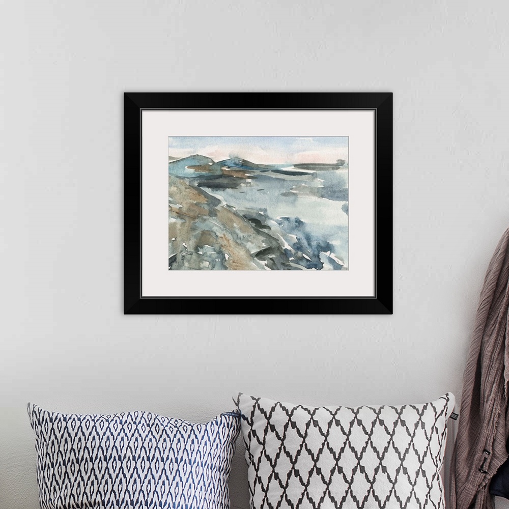 A bohemian room featuring Contemporary watercolor landscape of a mountainous landscape.