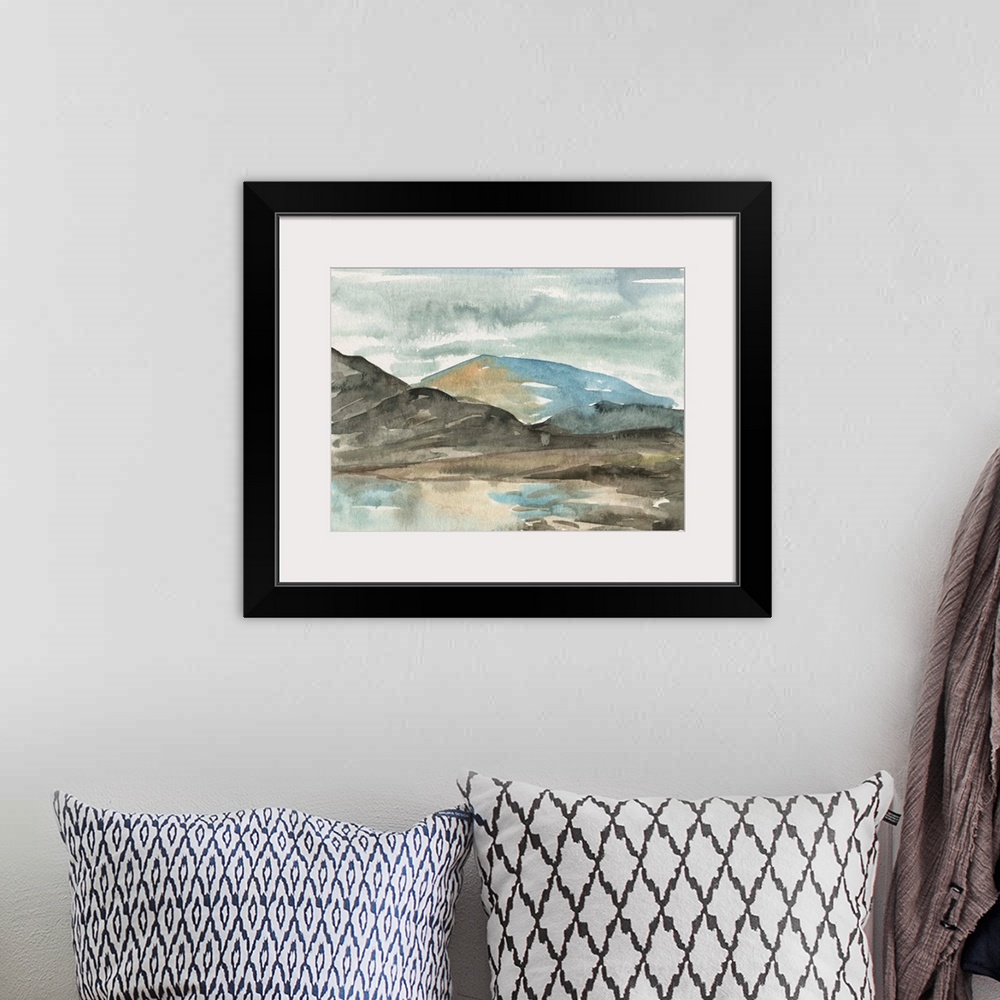 A bohemian room featuring Contemporary watercolor landscape of a mountainous landscape.