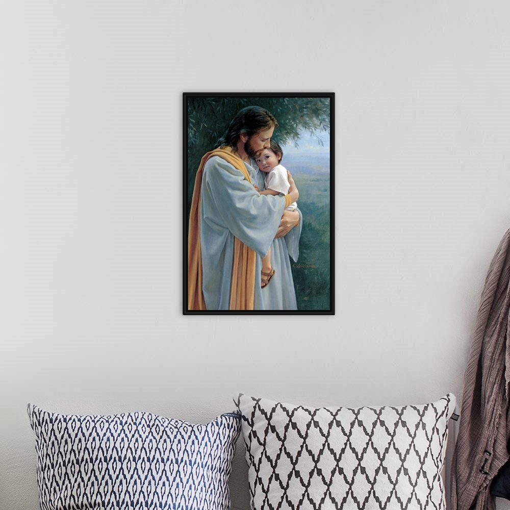 A bohemian room featuring Painting of Jesus holding a small child in his arms.