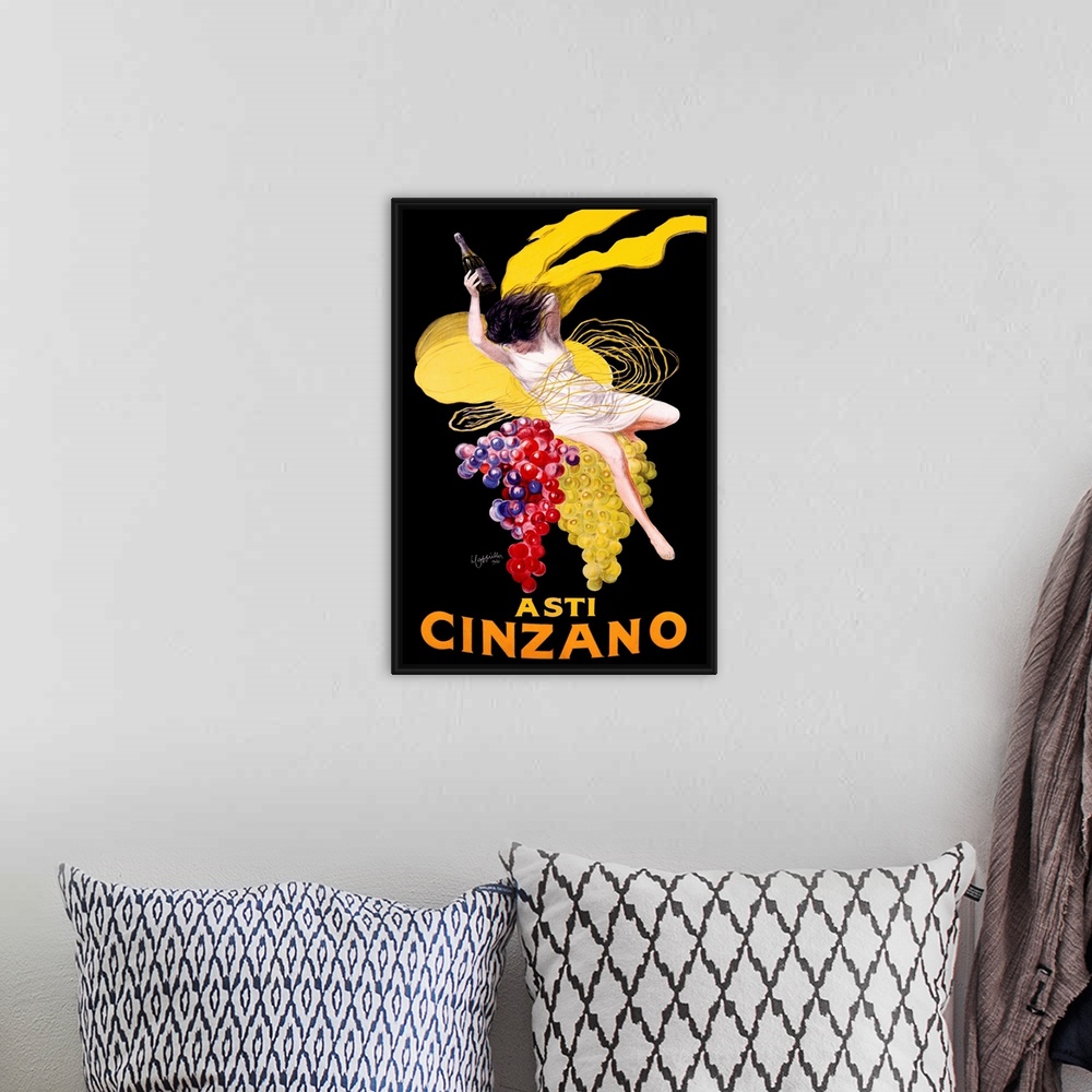 A bohemian room featuring Vintage advertising poster for the Cinzano beverage, featuring a woman in a white dress atop larg...
