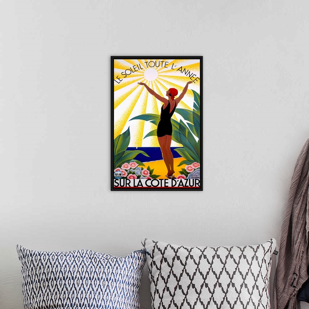 A bohemian room featuring This Art Deco advertising poster shows a woman in an early 20th century swimsuit surrounded by tr...