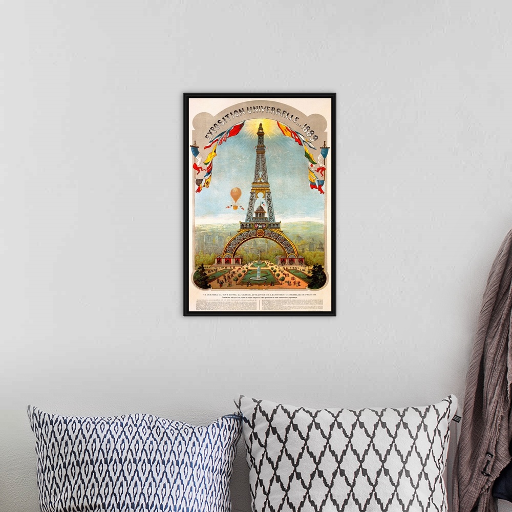 A bohemian room featuring Vertical canvas print of an antique poster of the Eiffel Tower with a hot air balloon in the sky.