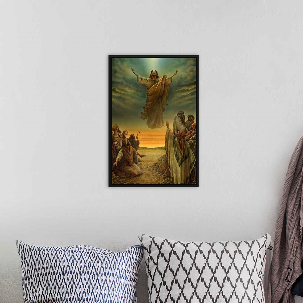 A bohemian room featuring This vertical wall hanging is a painting of Traditional Wall art depicting Jesus floating over a ...