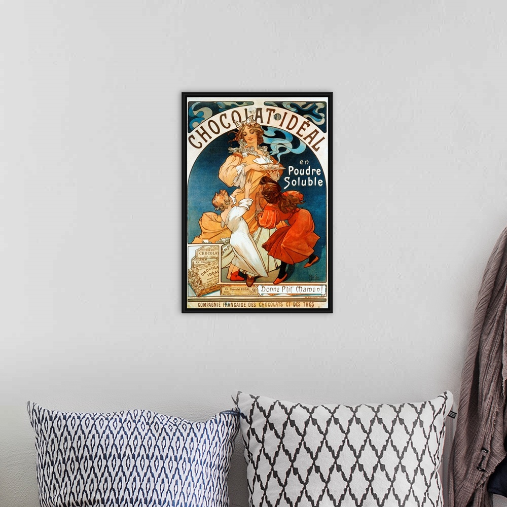 A bohemian room featuring Advertising poster by Alphonse Mucha (1860-1939) for chocolate "Chocolate Ideal" 1897.