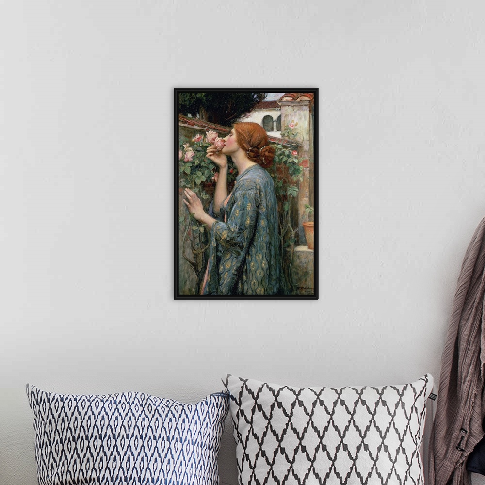 A bohemian room featuring A Pre-Raphaelite painting from the early 20th century of a red haired woman in an embroidered rob...