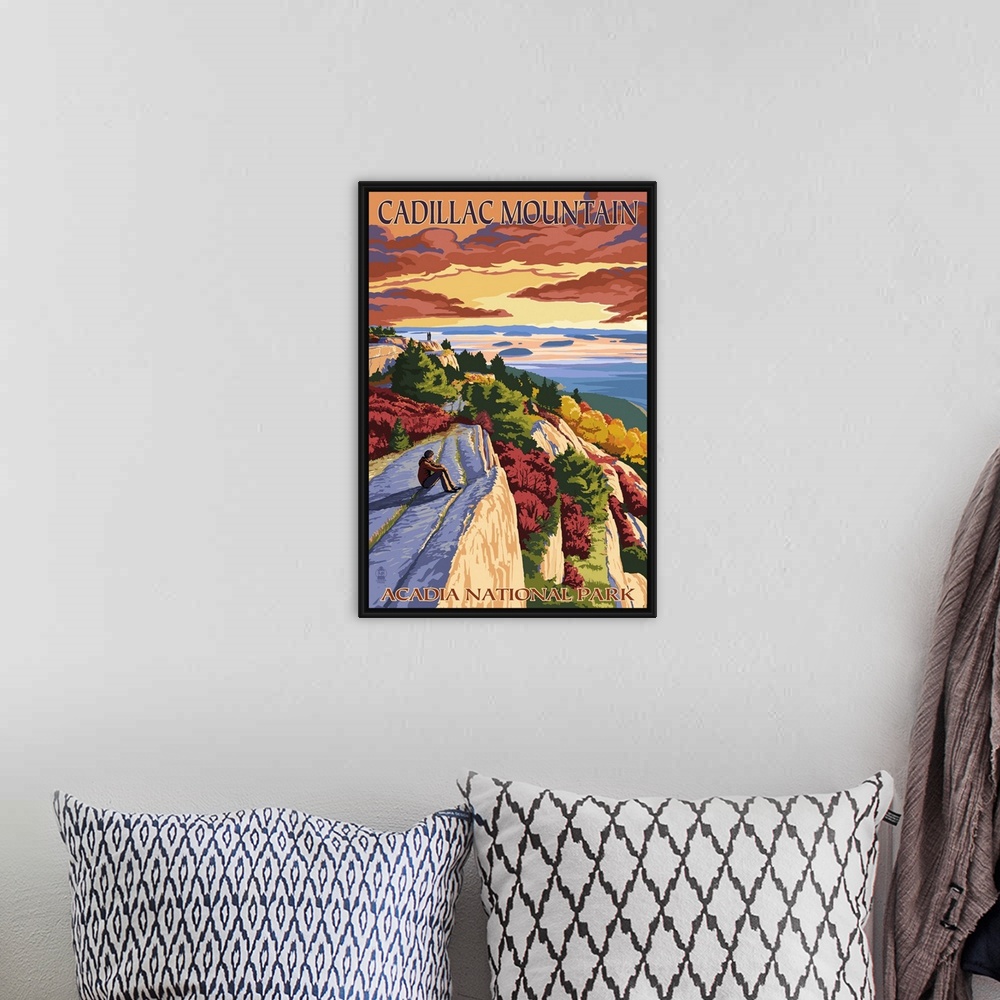 A bohemian room featuring Acadia National Park, Maine - Cadillac Mountain: Retro Travel Poster