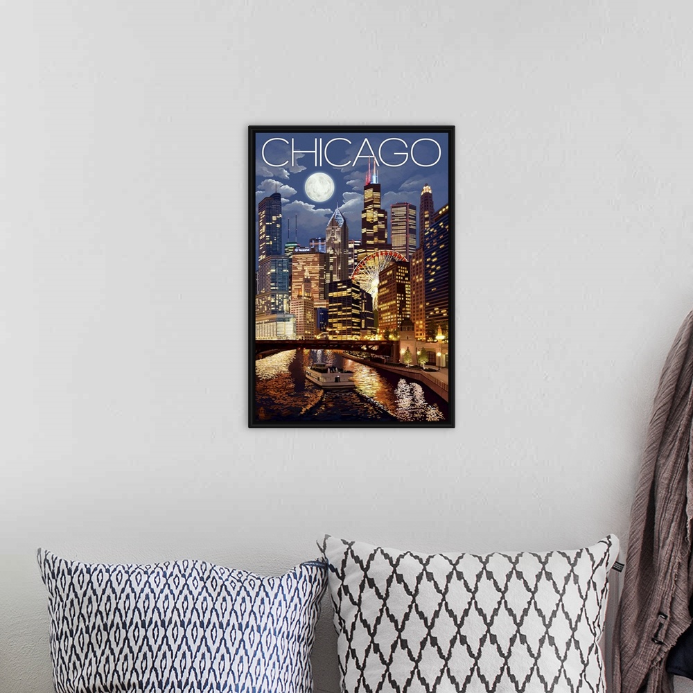 A bohemian room featuring Chicago, Illinois - Skyline at Night: Retro Travel Poster