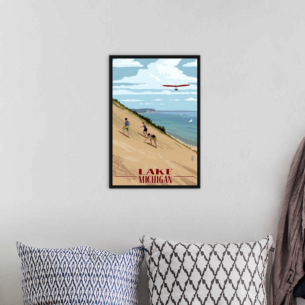 A bohemian room featuring Michigan - Dunes: Retro Travel Poster