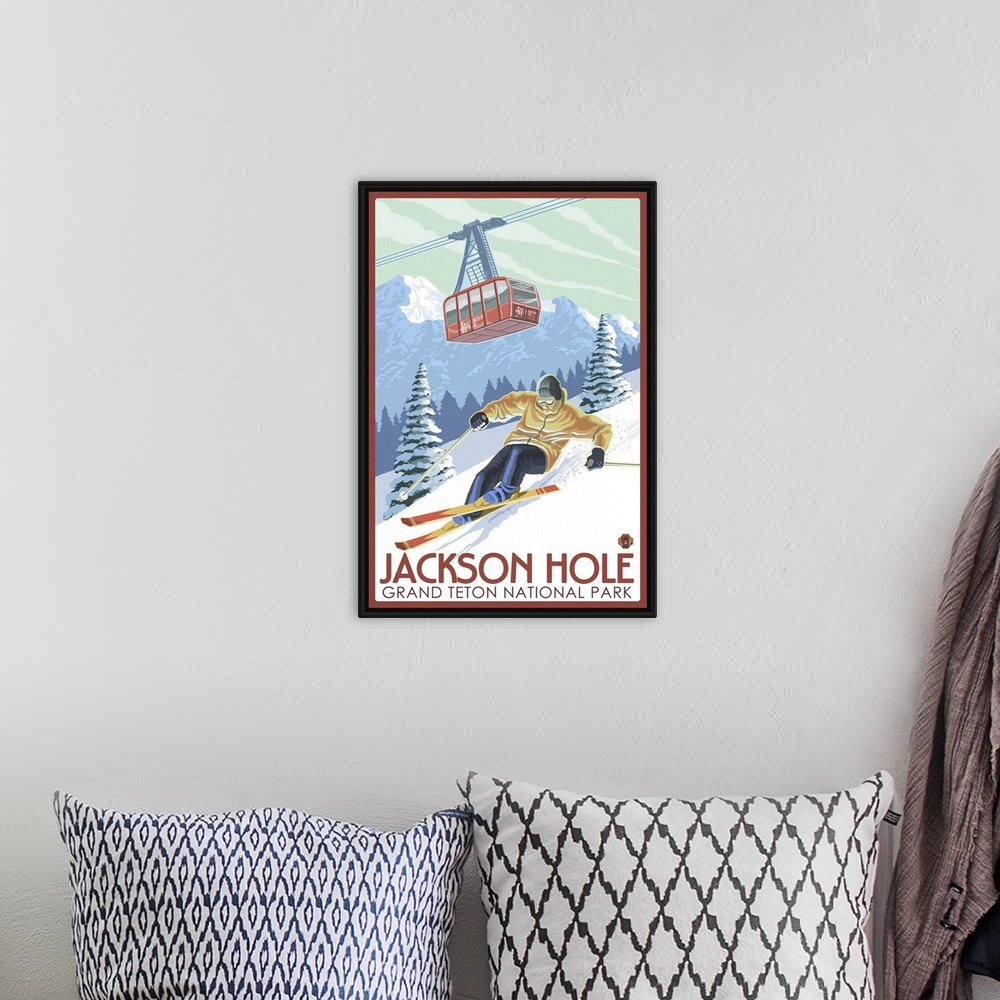 A bohemian room featuring Wyoming - Jackson Hole Grand Teton Skiing: Retro Travel Poster