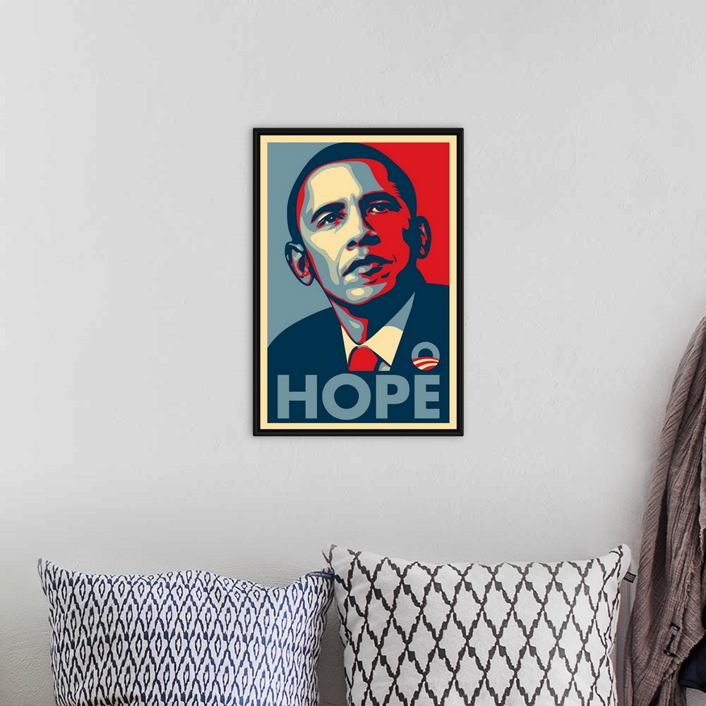 A bohemian room featuring Iconic and optimistic block print portrait of senator Barack Obama made for the 2016 presidential...