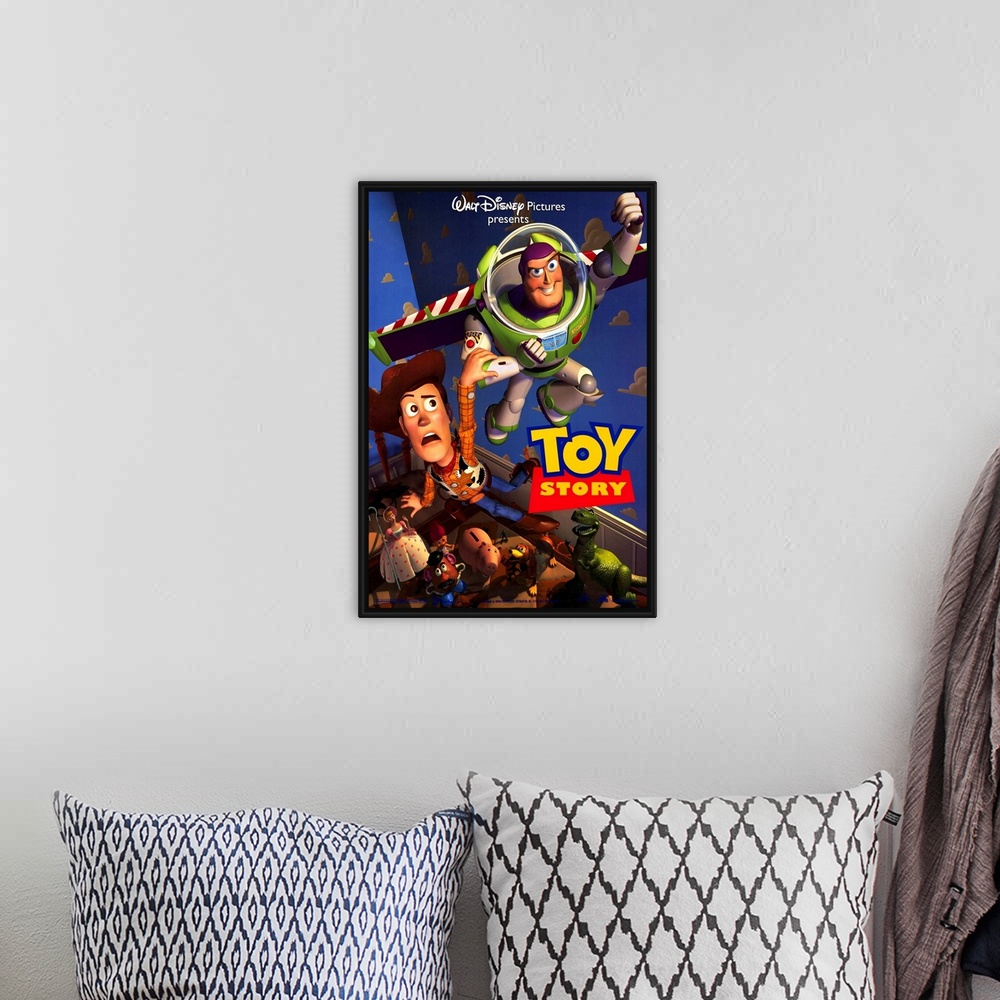 A bohemian room featuring Portrait, large movie poster of Toy Story.  Buzz lightyear flying through the air, Woody holding ...