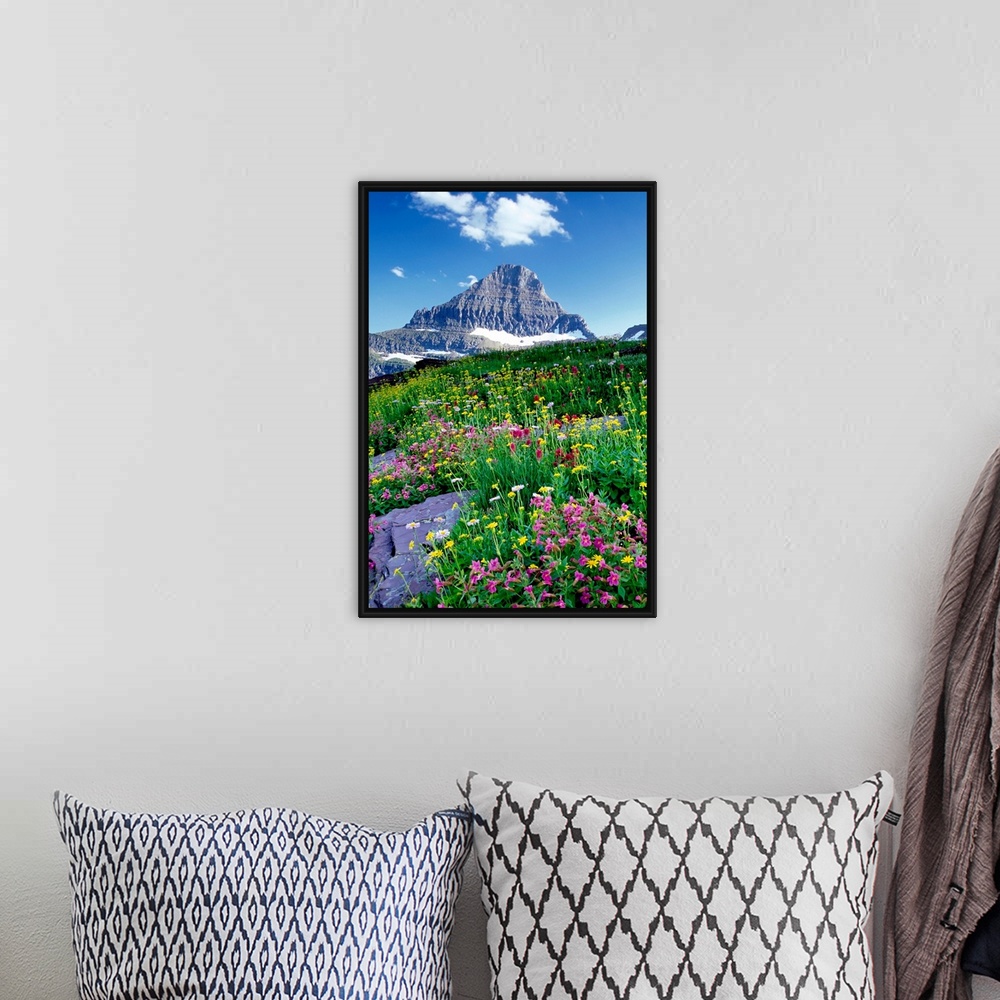 A bohemian room featuring Tall canvas of beautiful wildflowers in a field in front of a rugged mountain.