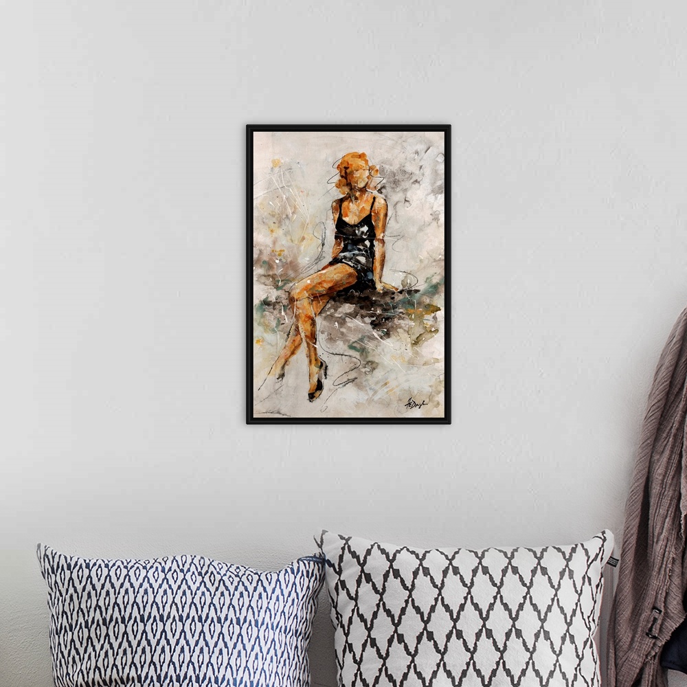 A bohemian room featuring Contemporary painting of a glamorous woman in a little black dress and heels, ready for a night out.