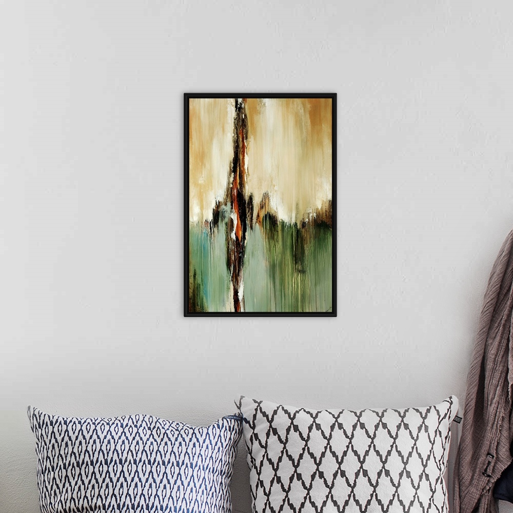 A bohemian room featuring Vertical abstract wall art of paint dripping downward on canvas.