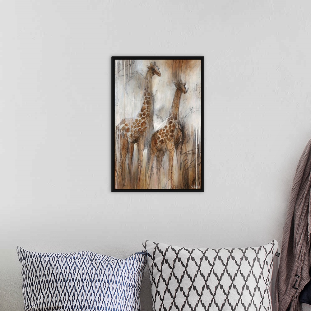A bohemian room featuring Illustrative painting of two giraffes done in varying shades of grayish-brown.