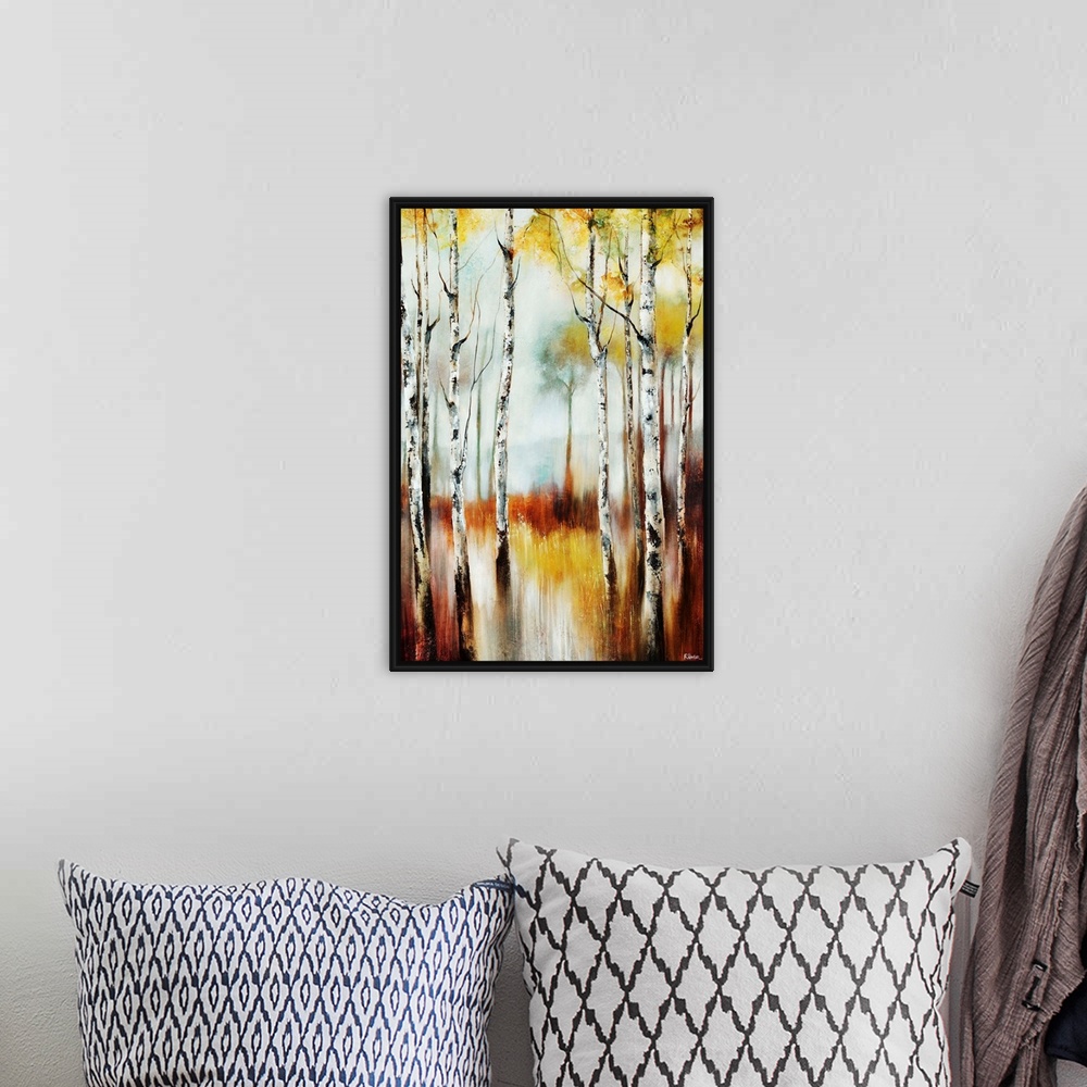 A bohemian room featuring Abstracted landscape painting of a forest of birch trees going through seasonal transitions.