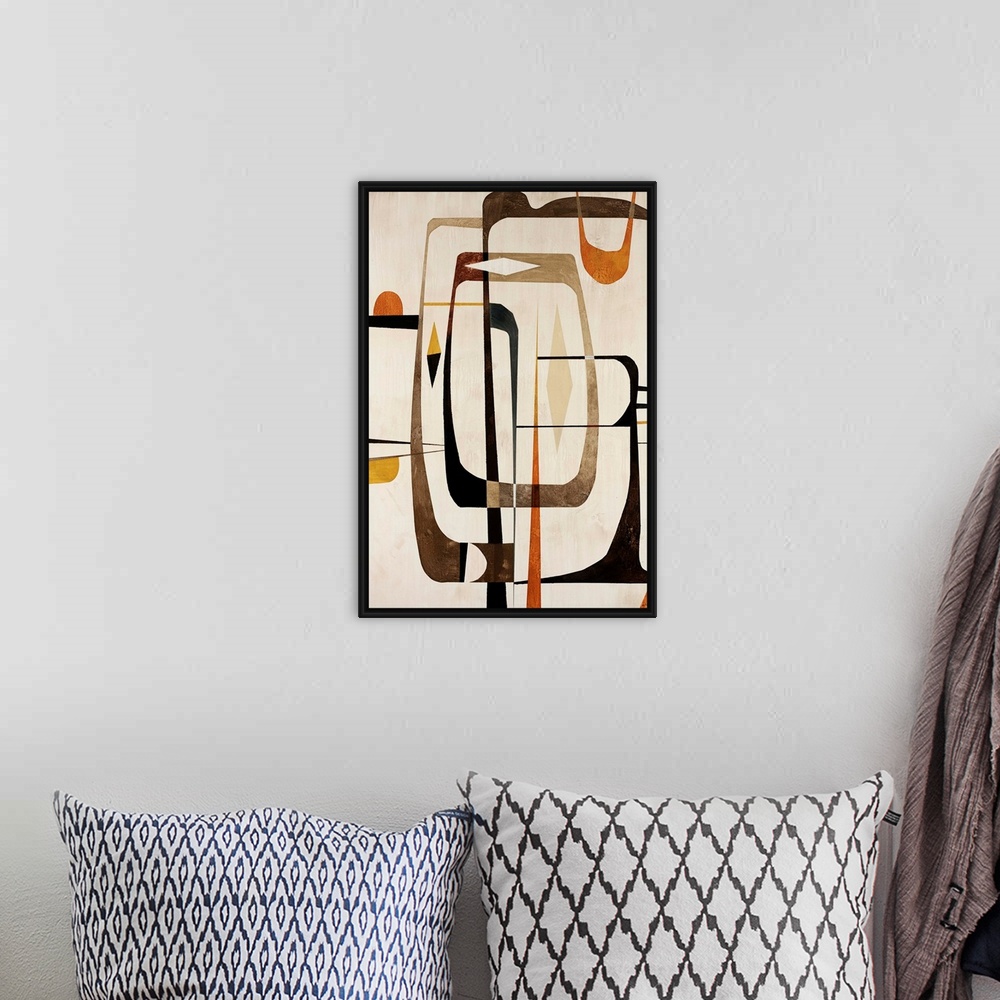 A bohemian room featuring This contemporary painting uses elongated decorative shapes to add movement and depth to this abs...