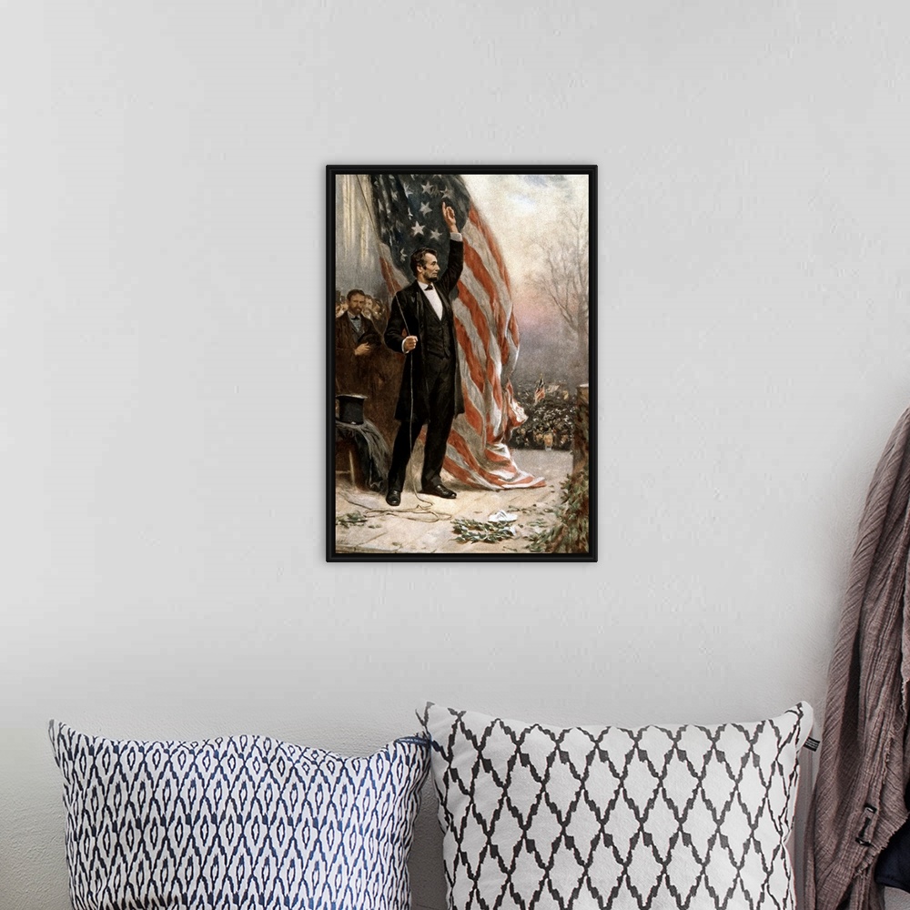 A bohemian room featuring Digitally restored vintage American Civil War painting featuring President Abraham Lincoln holdin...