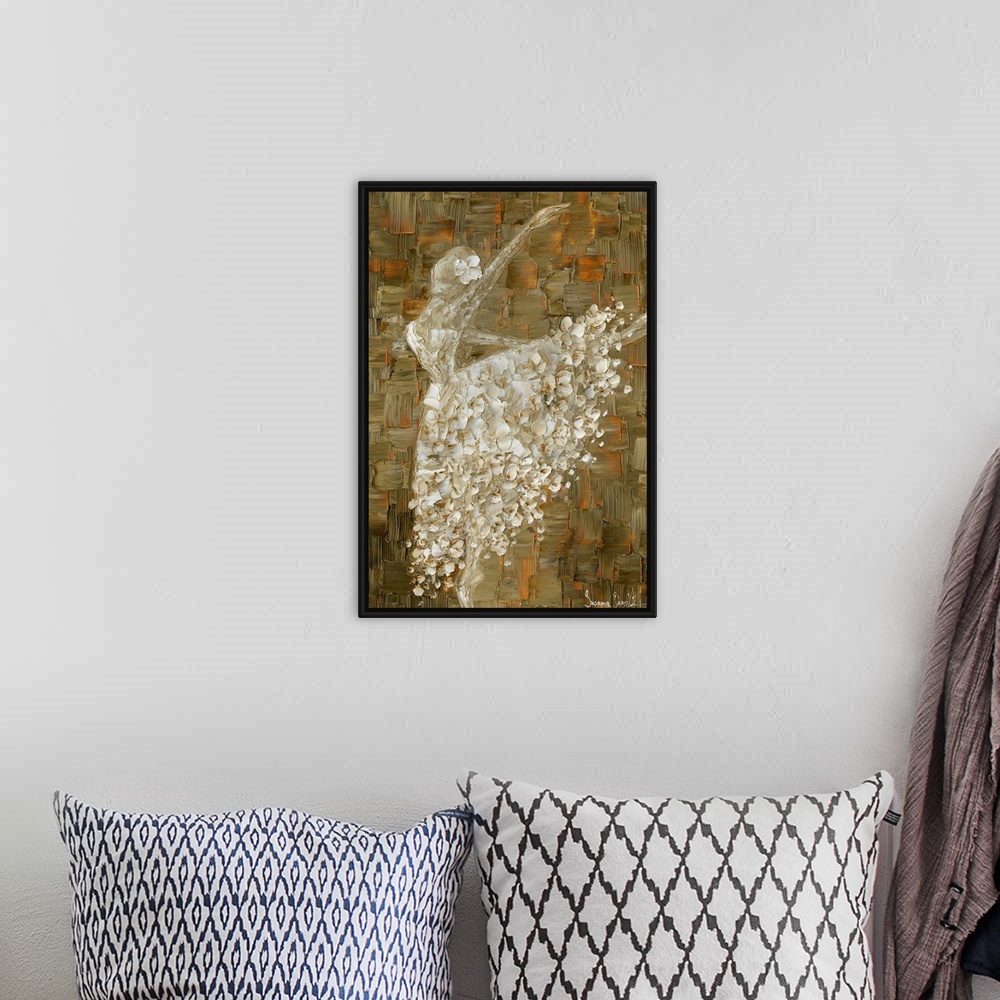 A bohemian room featuring Painting of a ballerina in a white ball gown on an abstract background of cool brown and rust sha...