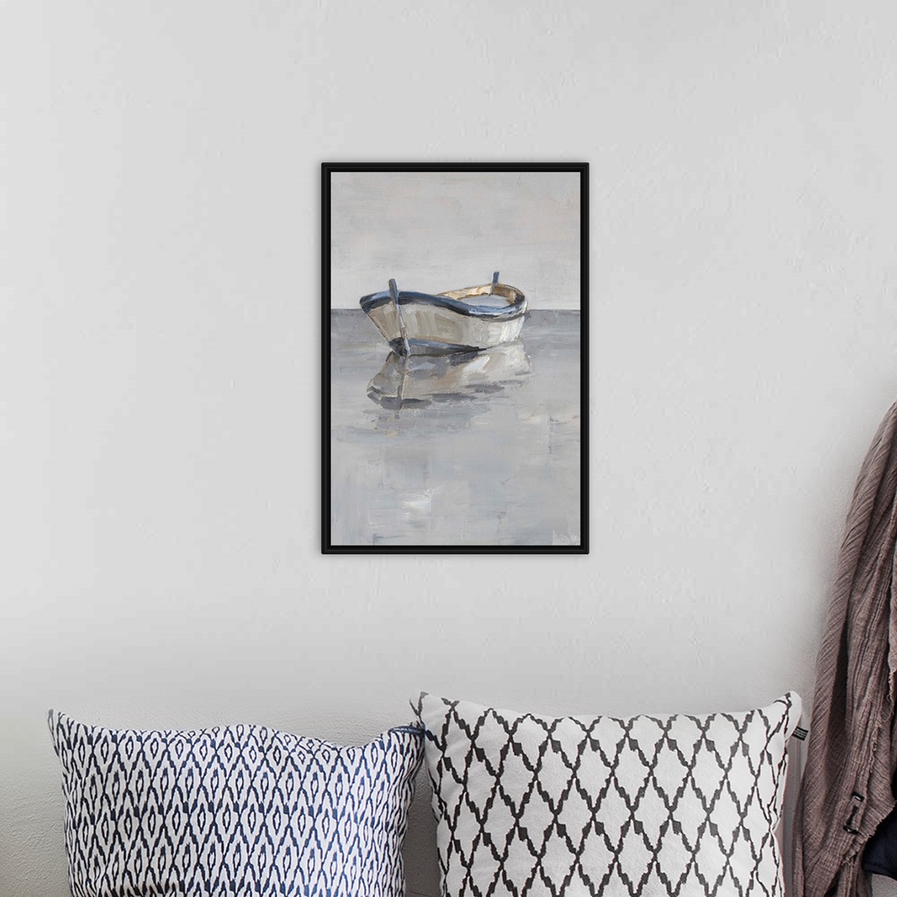 A bohemian room featuring Contemporary painting of a boat sitting on the ocean in various gray tones.