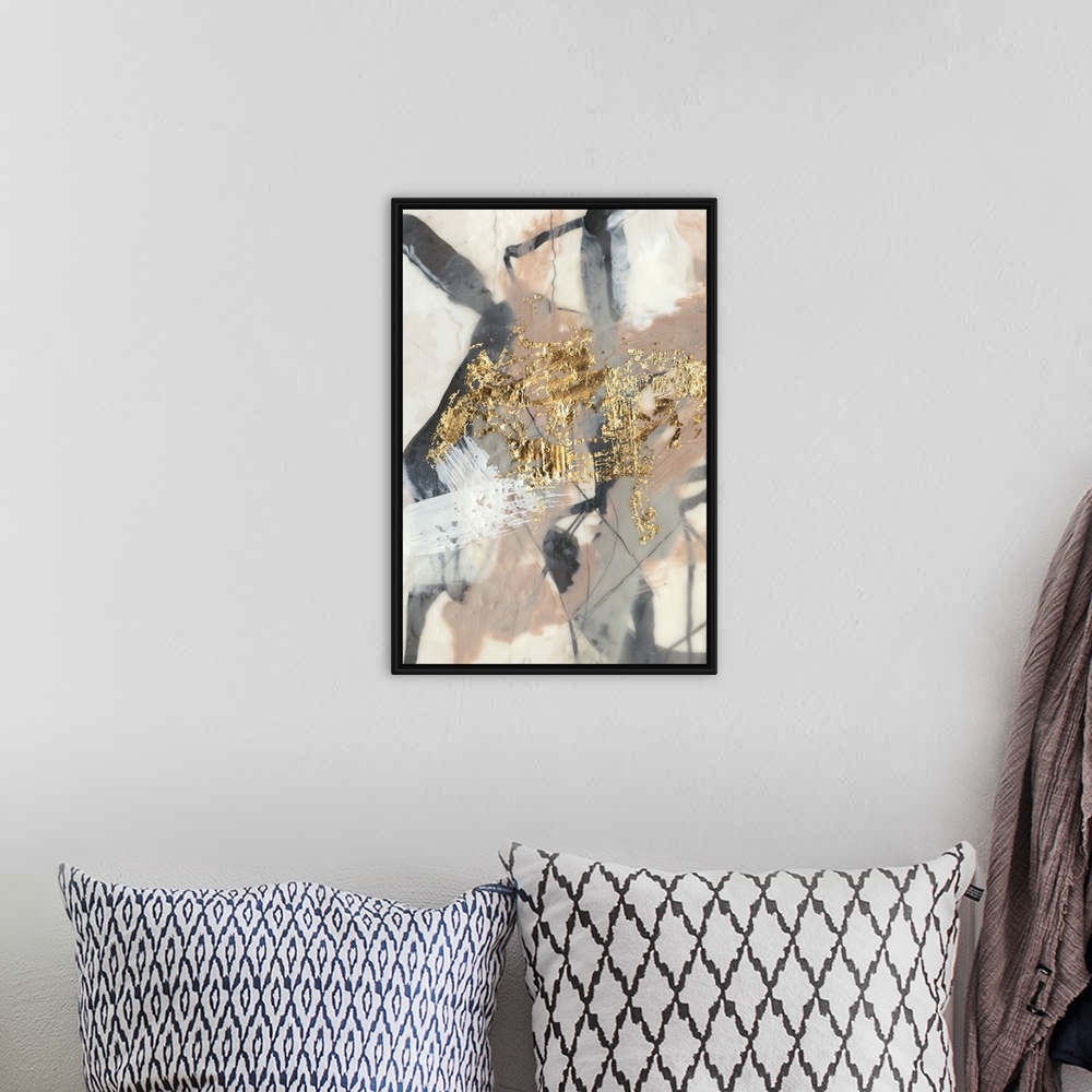 A bohemian room featuring Abstract of chaotic brush strokes of gray, black and beige in washed out shaded on a cream backgr...
