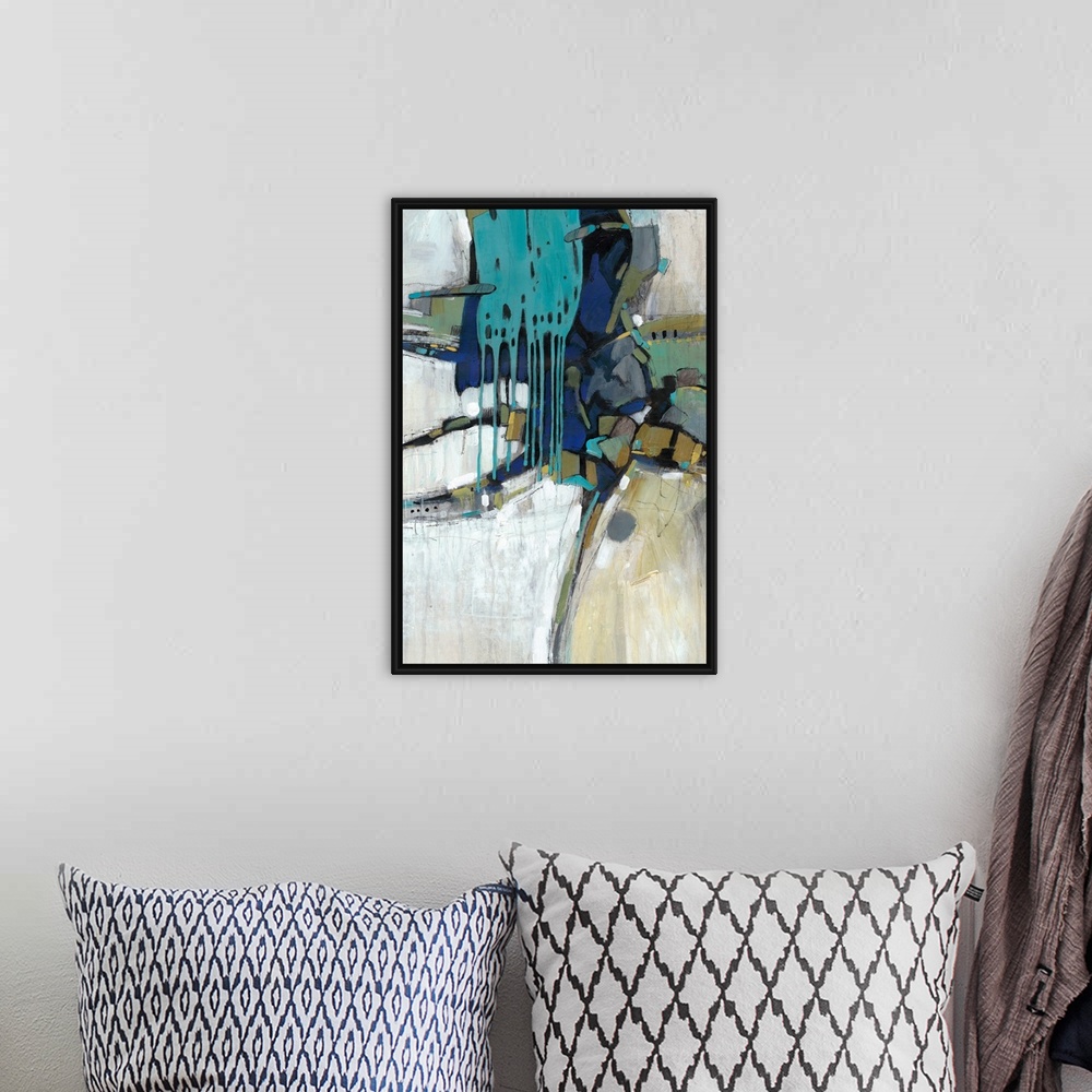 A bohemian room featuring This abstract artwork features blocks of bright color, paint drips and organic lines.